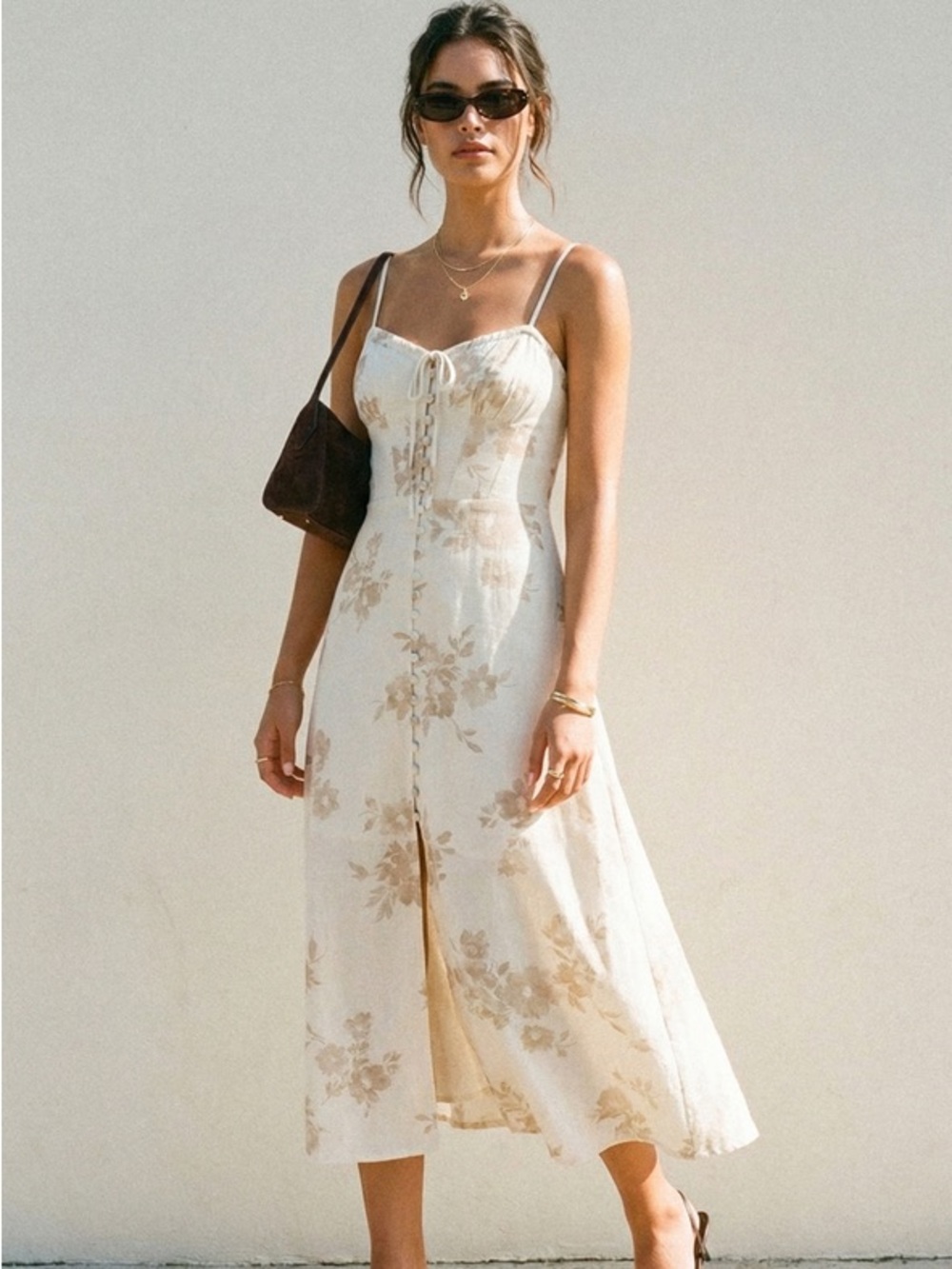 Dress Forum Cream Floral Lace-Up Midi Dress